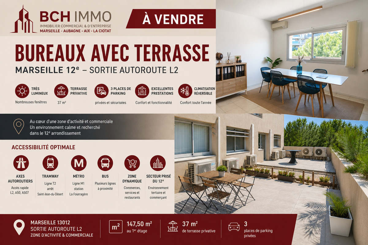 Vente bureaux lumineux, terrasse et parking priv�, Marseille 13012